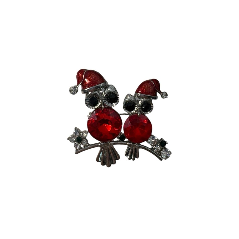 Vintage Silver Tone Rhinestone Santa Christmas Hat Perched Owls Brooch Pin